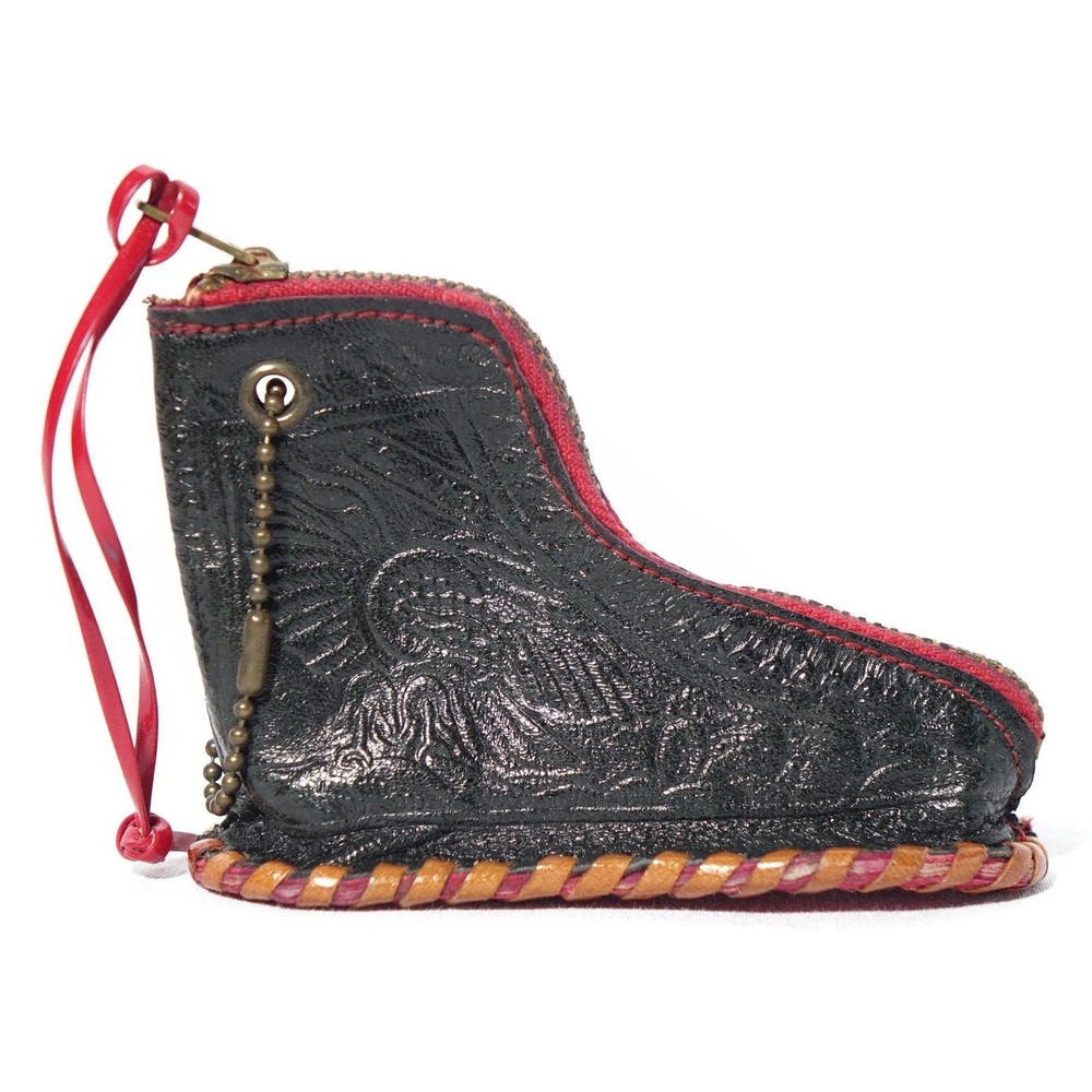 Boot Coin Purse Unisex Black Tooled Leather Souvenir Vintage